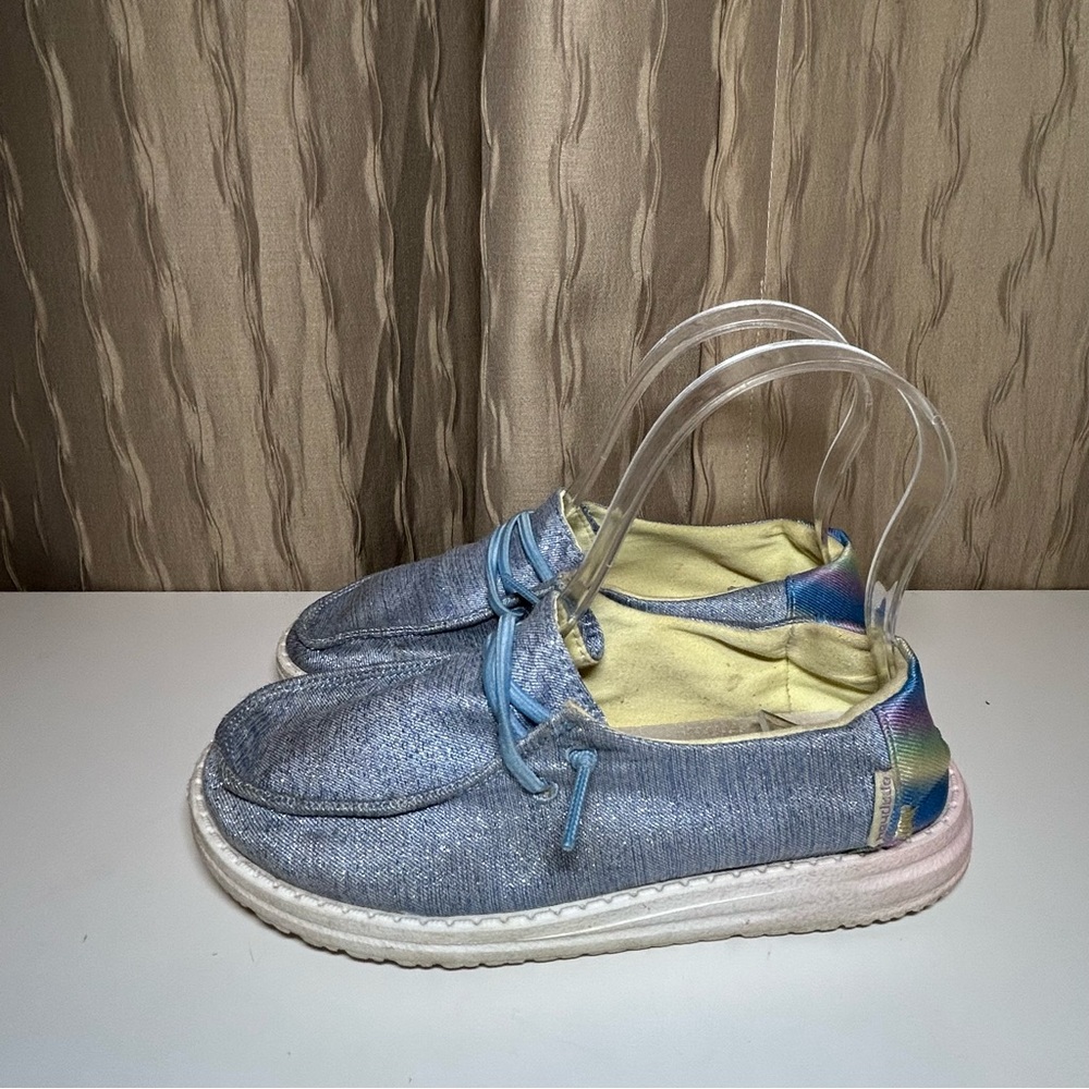 Hey Dude Wendy Youth Kid's 1 Sparkle Denim Blue Pink Rainbow Shoes Lightweight